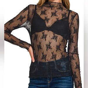 Lace Layering Long Sleeve Top in Black